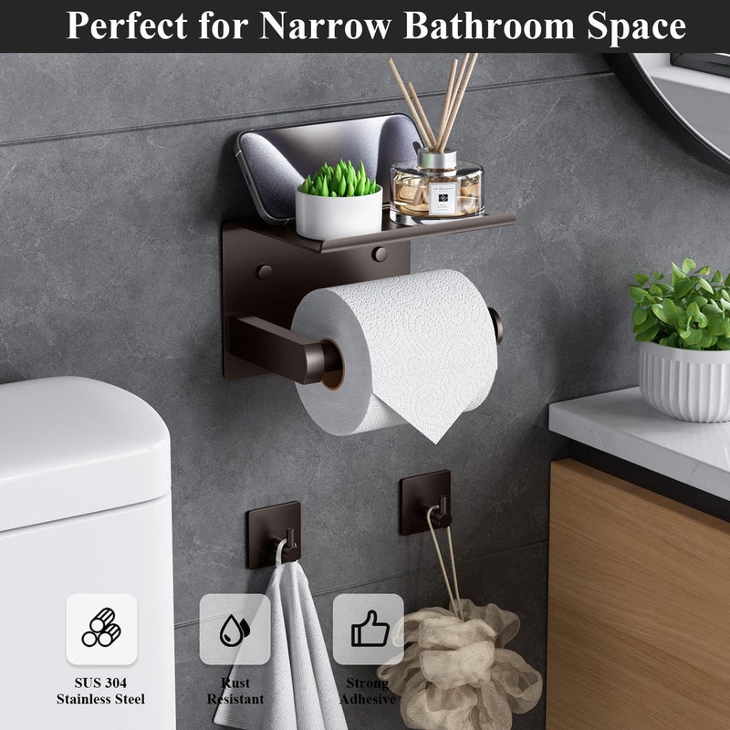 Tindbea Toilet Paper Holder with Phone Shelf + Towel Robe Hooks, Adhesive or Screw Wall Mounted Toilet Paper Roll Storage, Stainless Steel Bathroom Tissue Roll Holder (Brushed Nickel) - Image 2